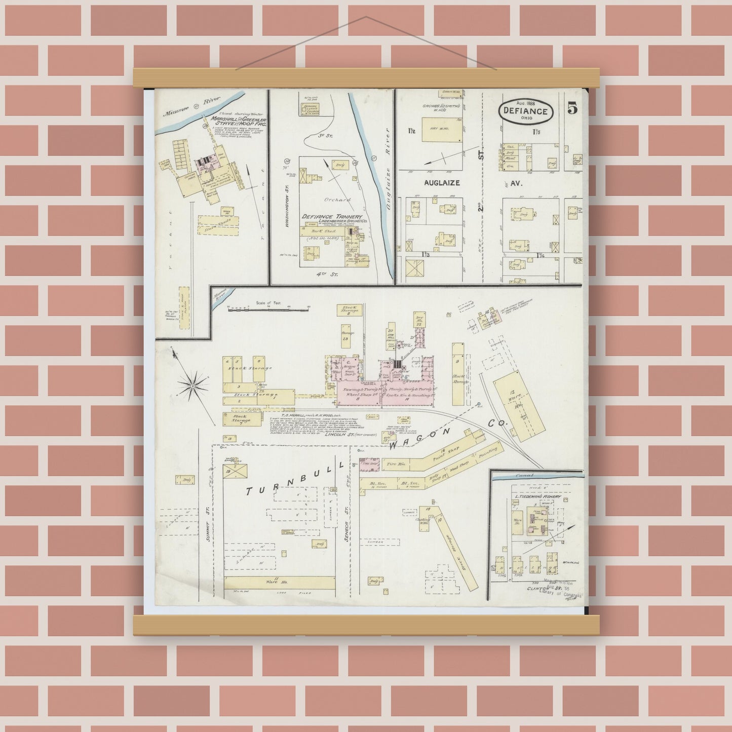 Old map wall art mockup — magnetic wood frame on brick wall — Sanborn Fire Insurance Map from Defiance, Defiance County, Ohio (1888), Sheet #0005