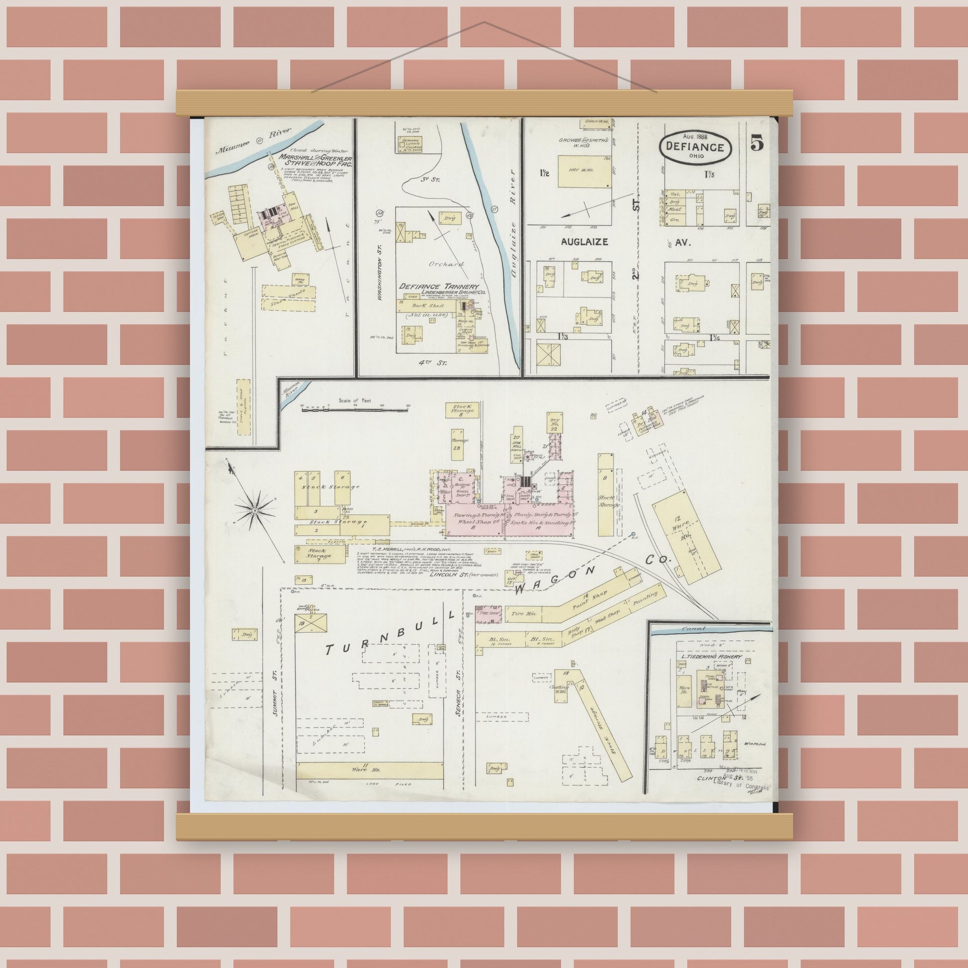 Old map wall art mockup — magnetic wood frame on brick wall — Sanborn Fire Insurance Map from Defiance, Defiance County, Ohio (1888), Sheet #0005