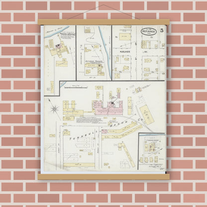 Old map wall art mockup — magnetic wood frame on brick wall — Sanborn Fire Insurance Map from Defiance, Defiance County, Ohio (1888), Sheet #0005