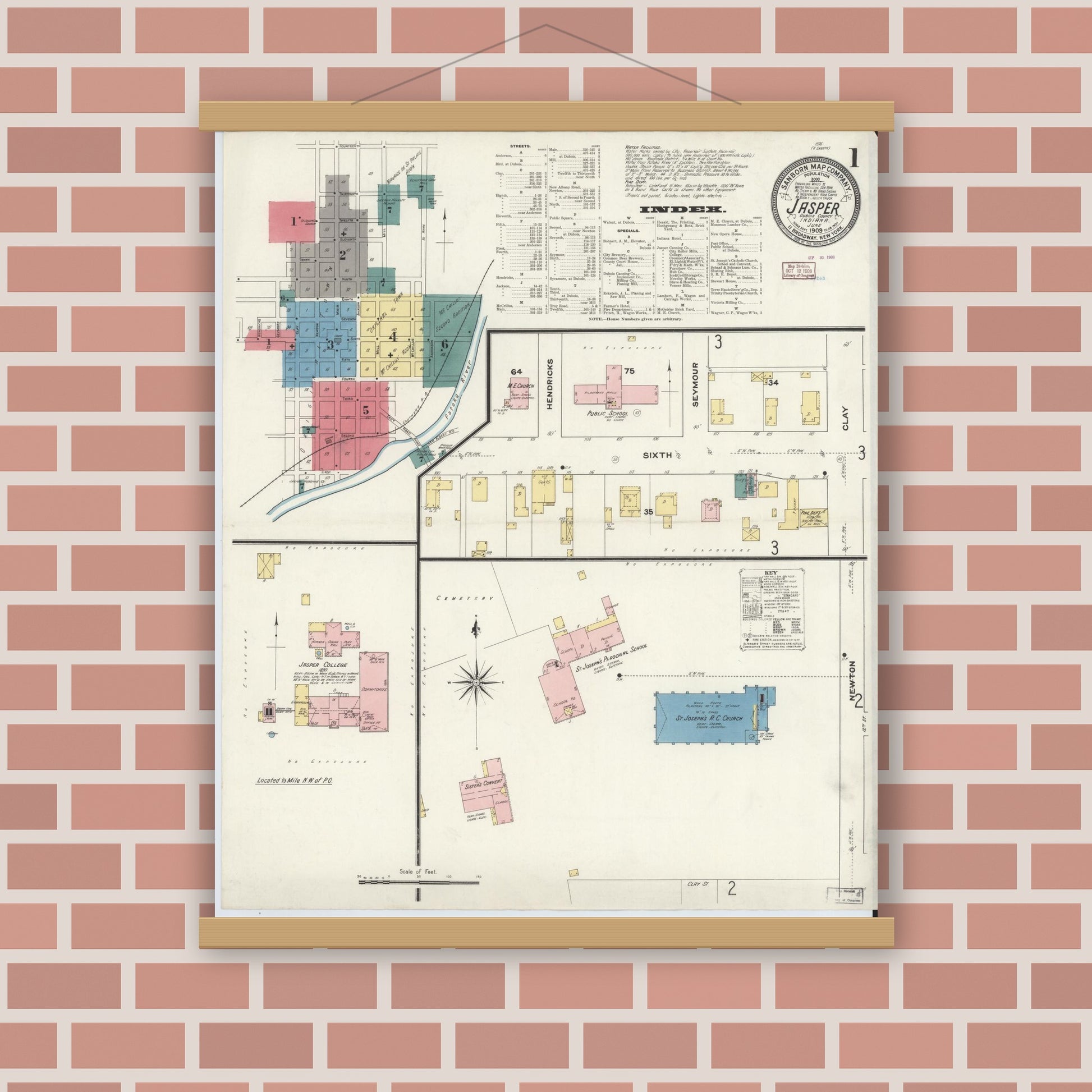 Old map wall art mockup — magnetic wood frame on brick wall — Sanborn Fire Insurance Map from Jasper, Dubois County, Indiana (1909) - Complete Map Set