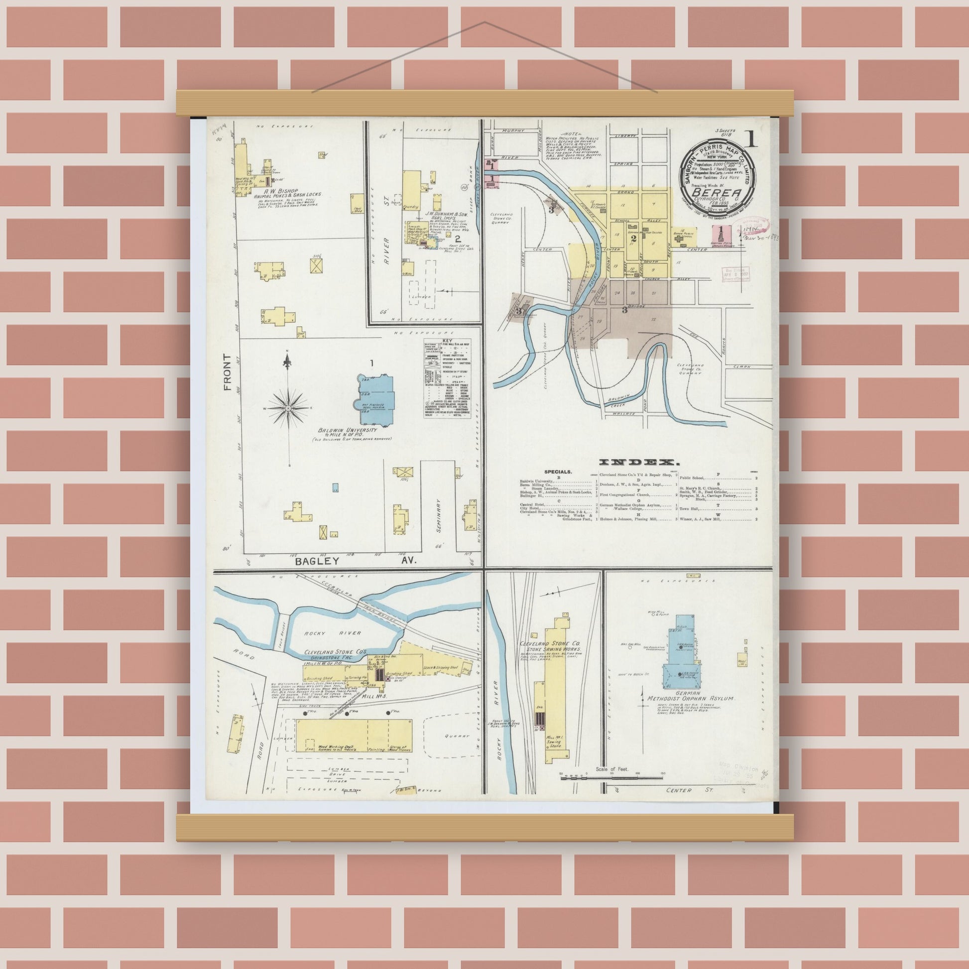 Old map wall art mockup — magnetic wood frame on brick wall — Sanborn Fire Insurance Map from Berea, Cuyahoga County, Ohio (1893) - Complete Map Set