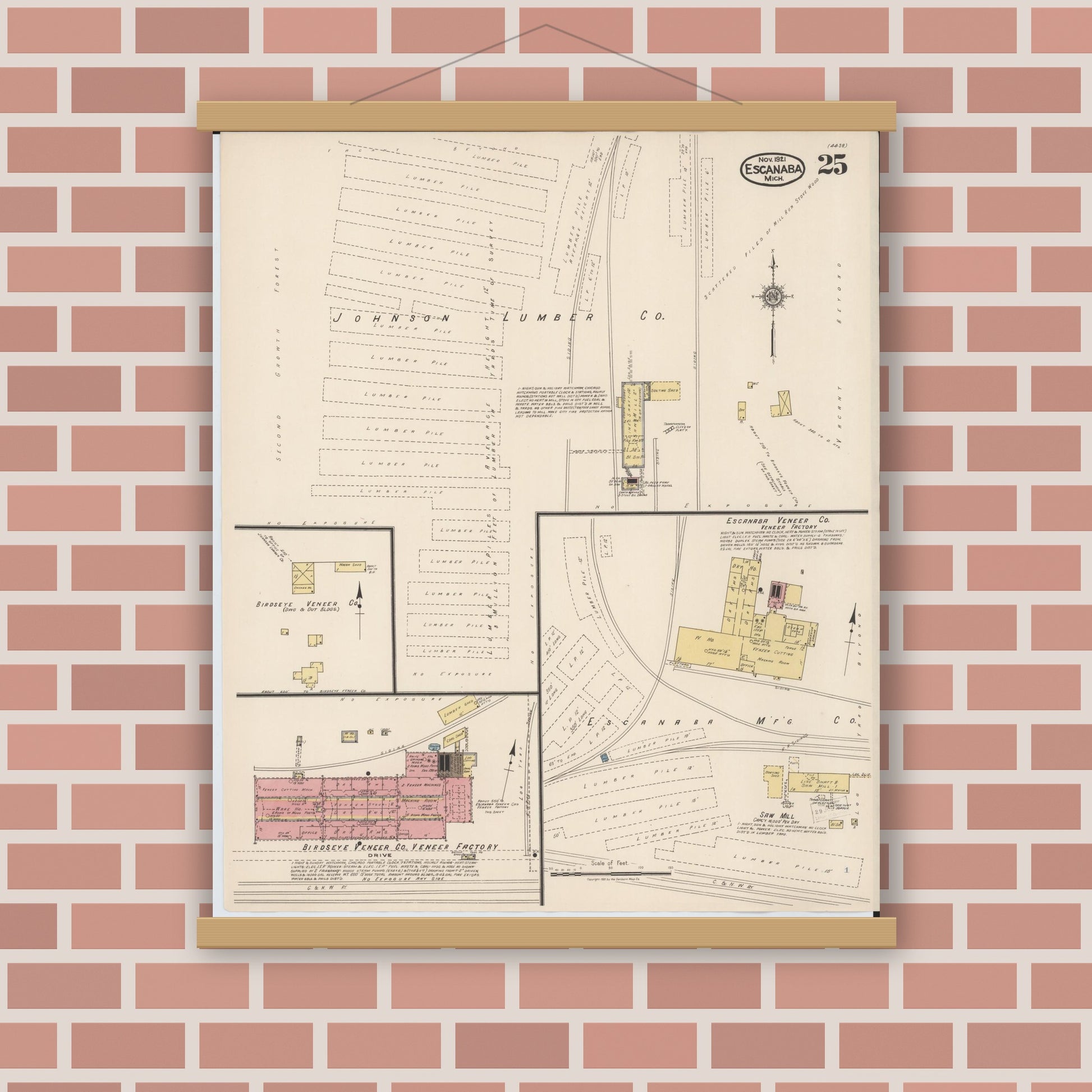 Old map wall art mockup — magnetic wood frame on brick wall — Sanborn Fire Insurance Map from Escanaba, Delta County, Michigan (1921), Sheet #0025