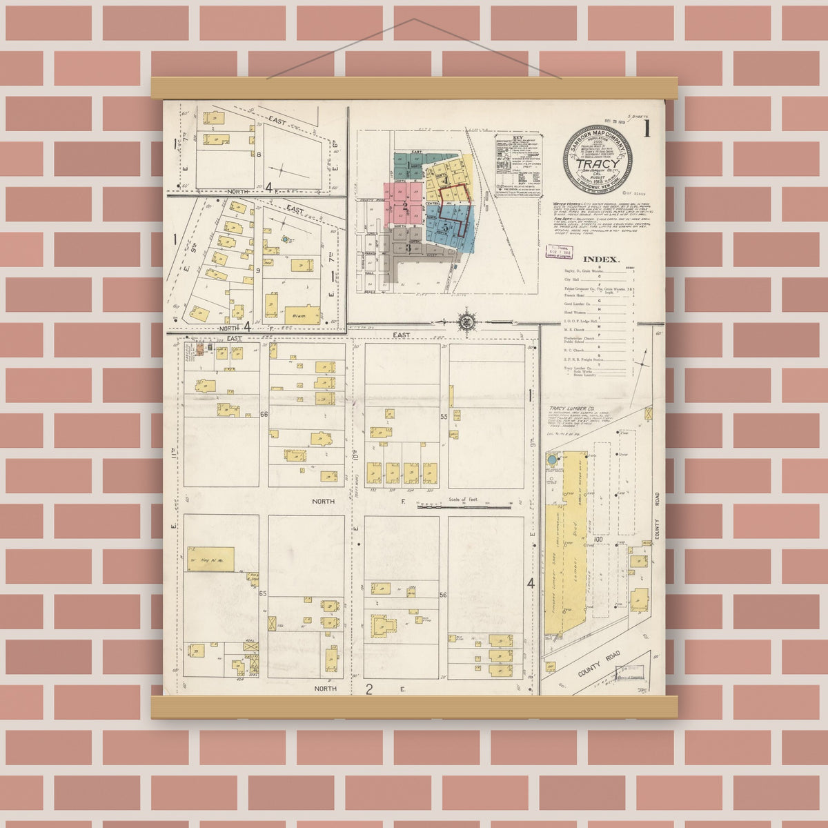 Old map wall art mockup — magnetic wood frame on brick wall — Sanborn Fire Insurance Map from Tracy, San Joaquin County, California (1913) - Complete Map Set