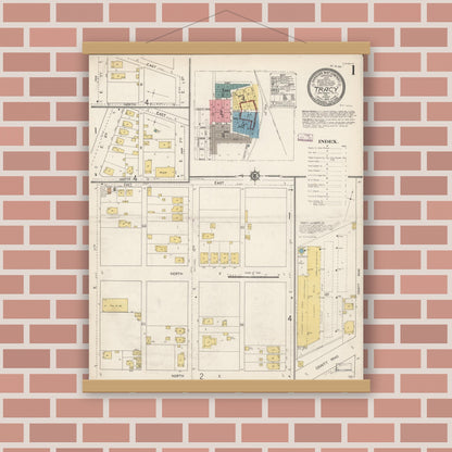 Old map wall art mockup — magnetic wood frame on brick wall — Sanborn Fire Insurance Map from Tracy, San Joaquin County, California (1913) - Complete Map Set