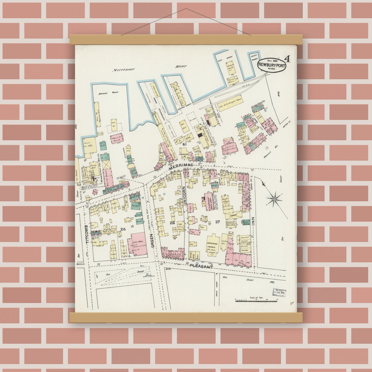 Old map wall art mockup — magnetic wood frame on brick wall — Sanborn Fire Insurance Map from Newburyport, Essex County, Massachusetts (1888), Sheet #0004