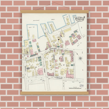 Old map wall art mockup — magnetic wood frame on brick wall — Sanborn Fire Insurance Map from Newburyport, Essex County, Massachusetts (1888), Sheet #0004