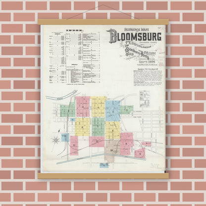 Old map wall art mockup — magnetic wood frame on brick wall — Sanborn Fire Insurance Map from Bloomsburg, Columbia County, Pennsylvania (1896), Sheet #0001