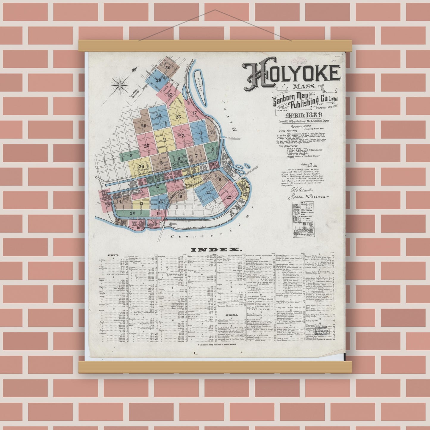 Old map wall art mockup — magnetic wood frame on brick wall — Sanborn Fire Insurance Map from Holyoke, Hampden County, Massachusetts (1889), Sheet #0001