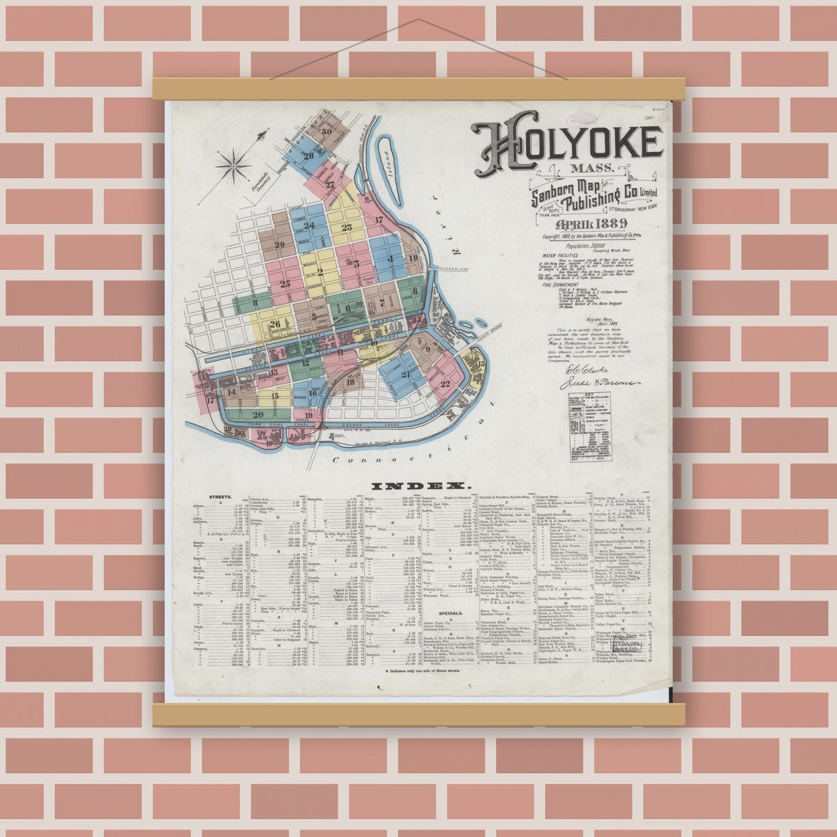 Old map wall art mockup — magnetic wood frame on brick wall — Sanborn Fire Insurance Map from Holyoke, Hampden County, Massachusetts (1889), Sheet #0001