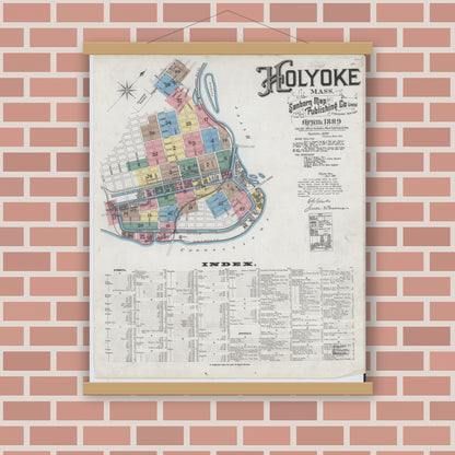 Old map wall art mockup — magnetic wood frame on brick wall — Sanborn Fire Insurance Map from Holyoke, Hampden County, Massachusetts (1889), Sheet #0001