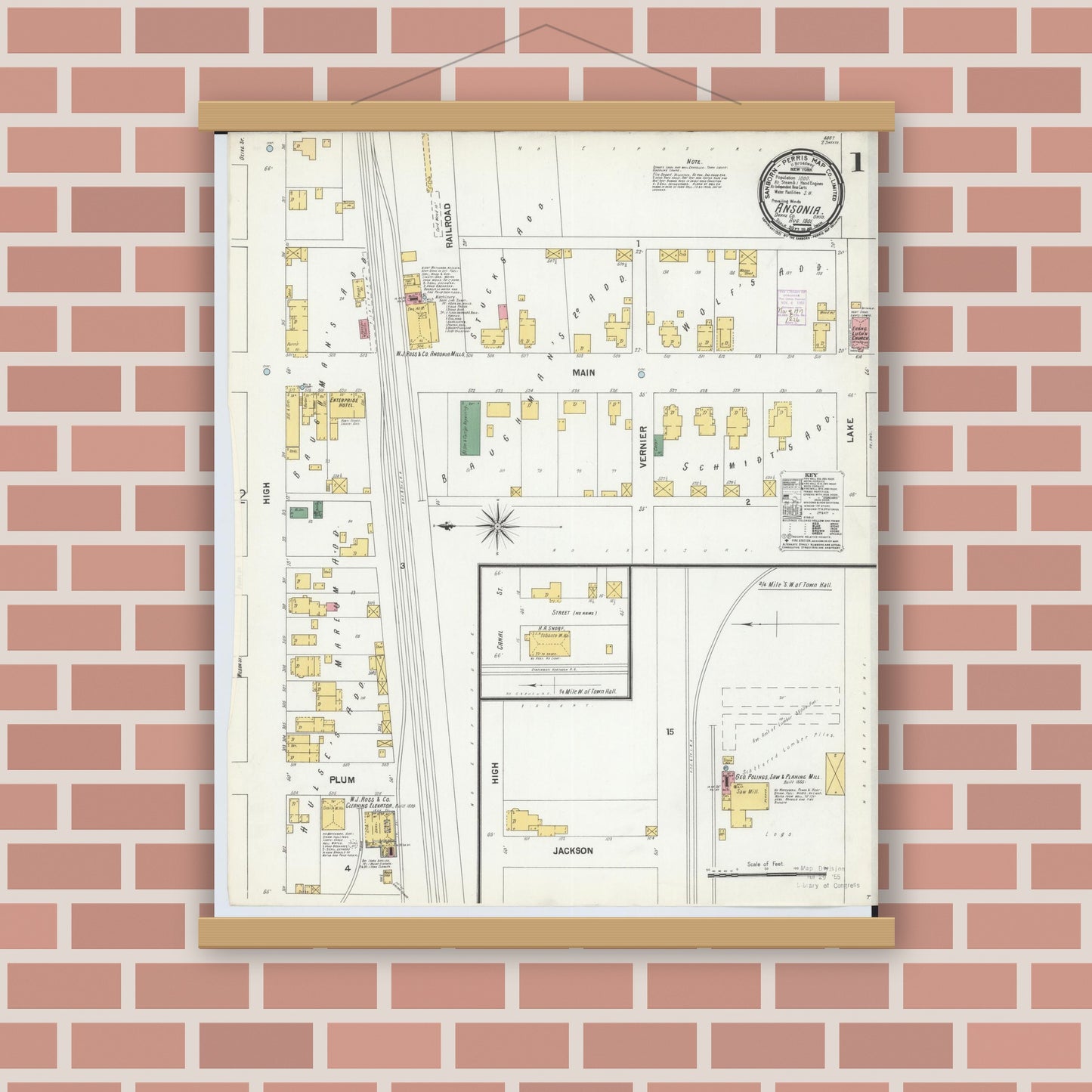 Old map wall art mockup — magnetic wood frame on brick wall — Sanborn Fire Insurance Map from Ansonia, Darke County, Ohio (1901), Sheet #0001