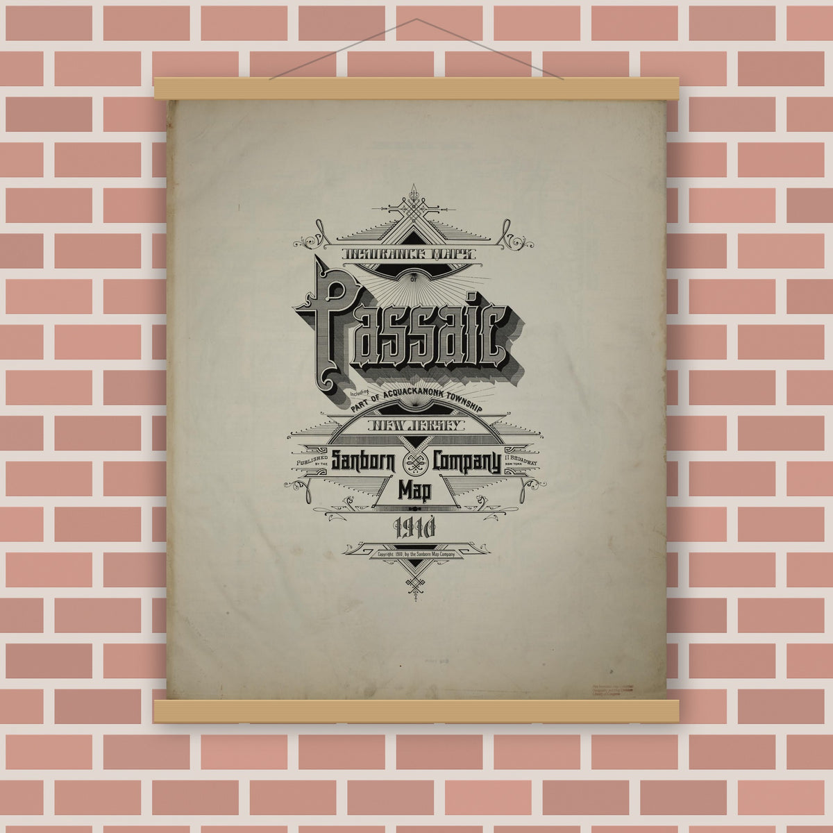 Old map wall art mockup — magnetic wood frame on brick wall — Sanborn Fire Insurance Map from Passaic, Passaic County, New Jersey (1910), Sheet #0001
