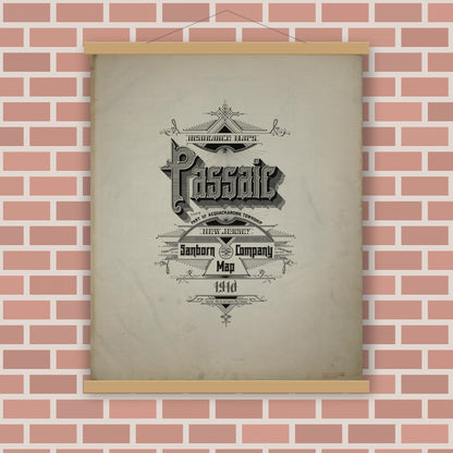 Old map wall art mockup — magnetic wood frame on brick wall — Sanborn Fire Insurance Map from Passaic, Passaic County, New Jersey (1910), Sheet #0001