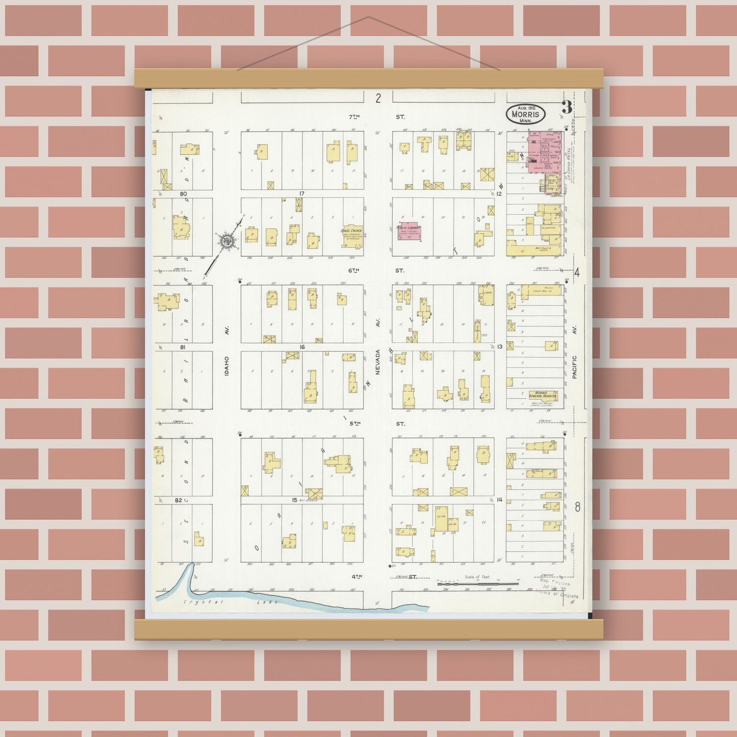 Old map wall art mockup — magnetic wood frame on brick wall — Sanborn Fire Insurance Map from Morris, Stevens County, Minnesota (1915), Sheet #0003