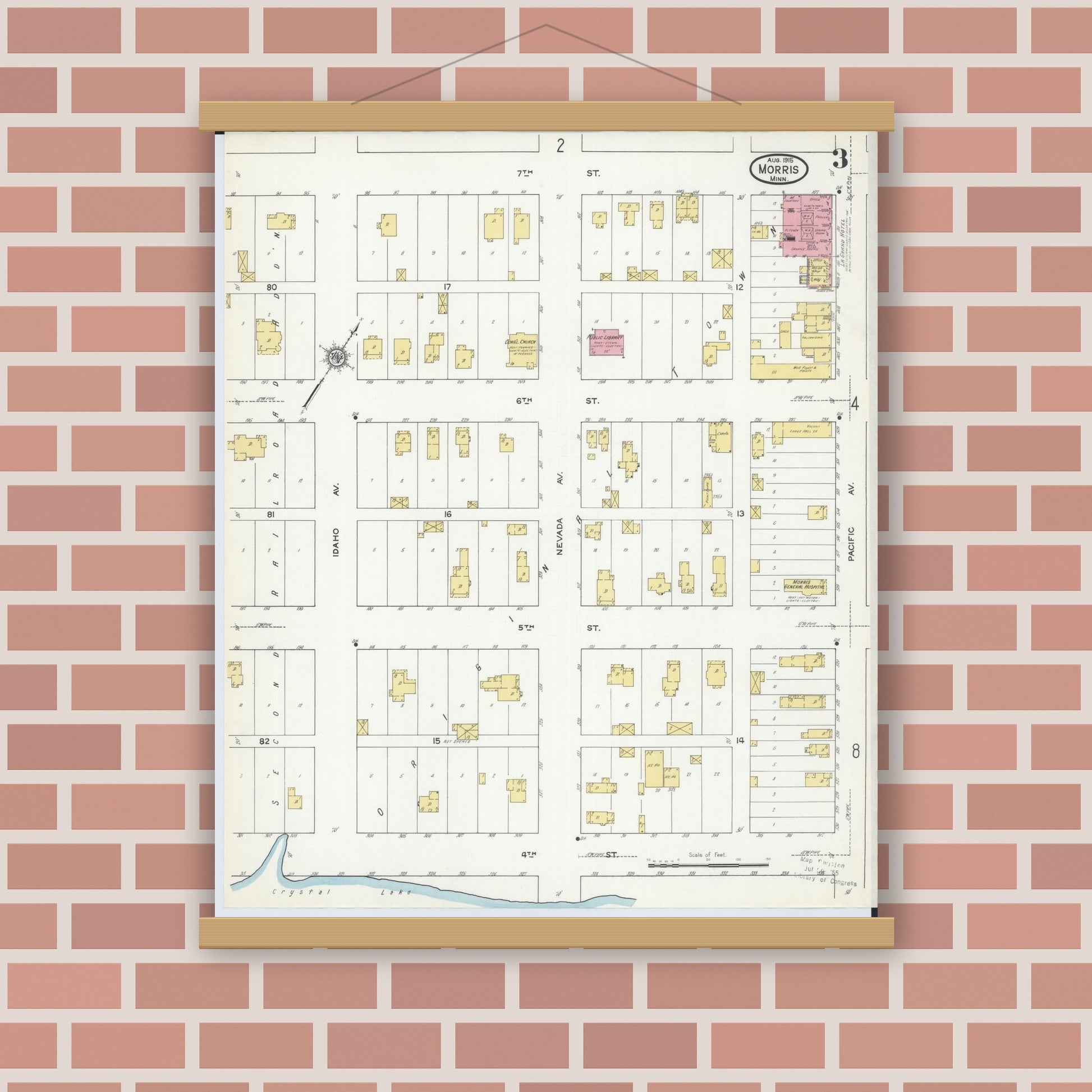 Old map wall art mockup — magnetic wood frame on brick wall — Sanborn Fire Insurance Map from Morris, Stevens County, Minnesota (1915), Sheet #0003