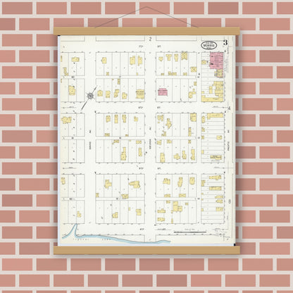 Old map wall art mockup — magnetic wood frame on brick wall — Sanborn Fire Insurance Map from Morris, Stevens County, Minnesota (1915), Sheet #0003