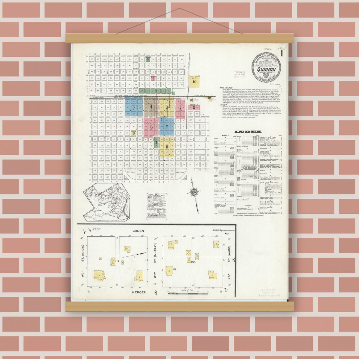 Old map wall art mockup — magnetic wood frame on brick wall — Sanborn Fire Insurance Map from Quanah, Hardeman County, Texas (1915) - Complete Map Set