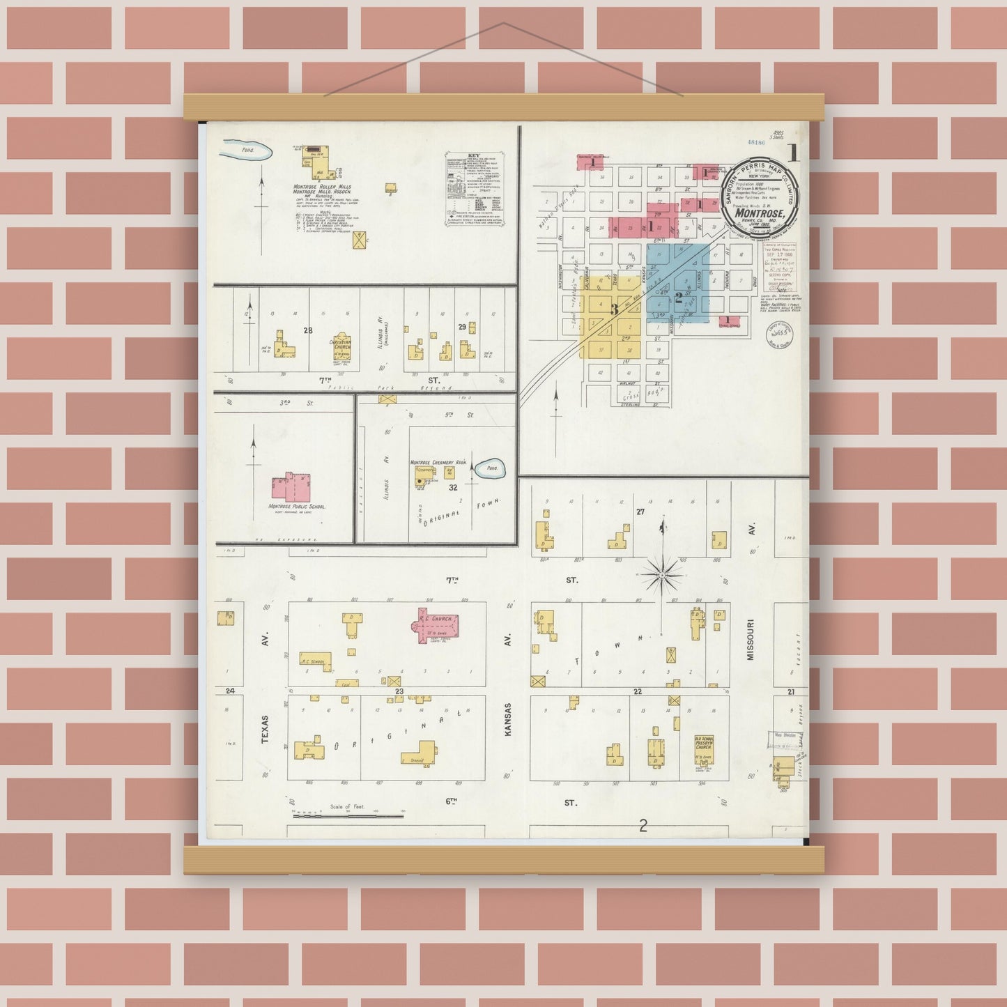 Old map wall art mockup — magnetic wood frame on brick wall — Sanborn Fire Insurance Map from Montrose, Henry County, Missouri (1900) - Complete Map Set