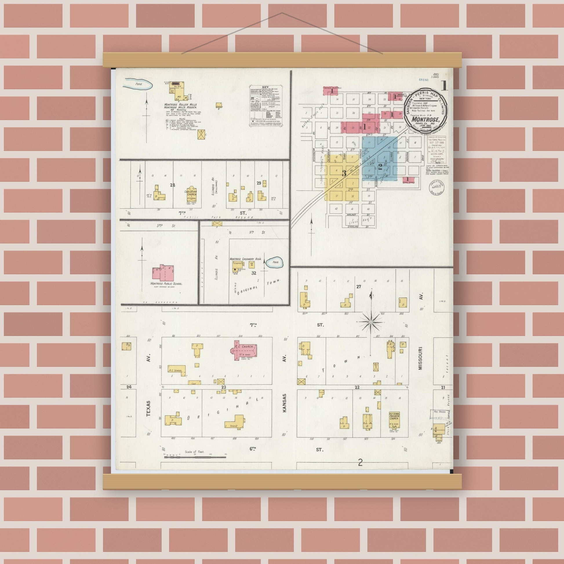Old map wall art mockup — magnetic wood frame on brick wall — Sanborn Fire Insurance Map from Montrose, Henry County, Missouri (1900) - Complete Map Set