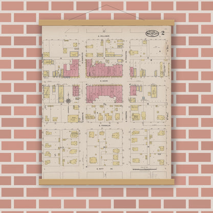 Old map wall art mockup — magnetic wood frame on brick wall — Sanborn Fire Insurance Map from Wolfe City, Hunt County, Texas (1922), Sheet #0002