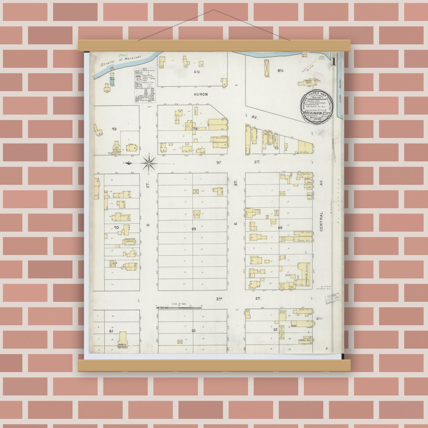 Old map wall art mockup — magnetic wood frame on brick wall — Sanborn Fire Insurance Map from Mackinaw City, Cheboygan County, Michigan (1895) - Complete Map Set