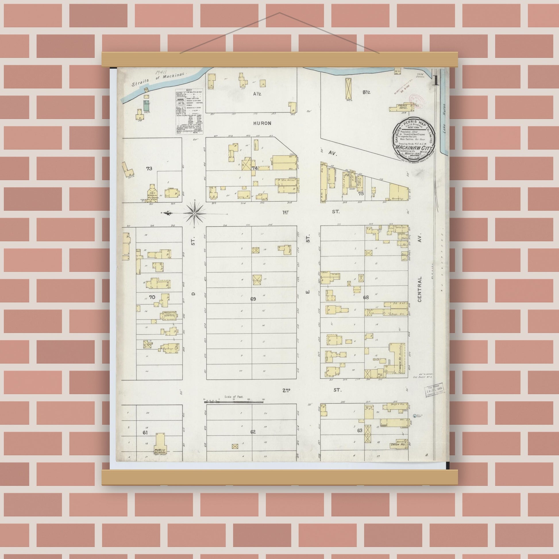 Old map wall art mockup — magnetic wood frame on brick wall — Sanborn Fire Insurance Map from Mackinaw City, Cheboygan County, Michigan (1895) - Complete Map Set