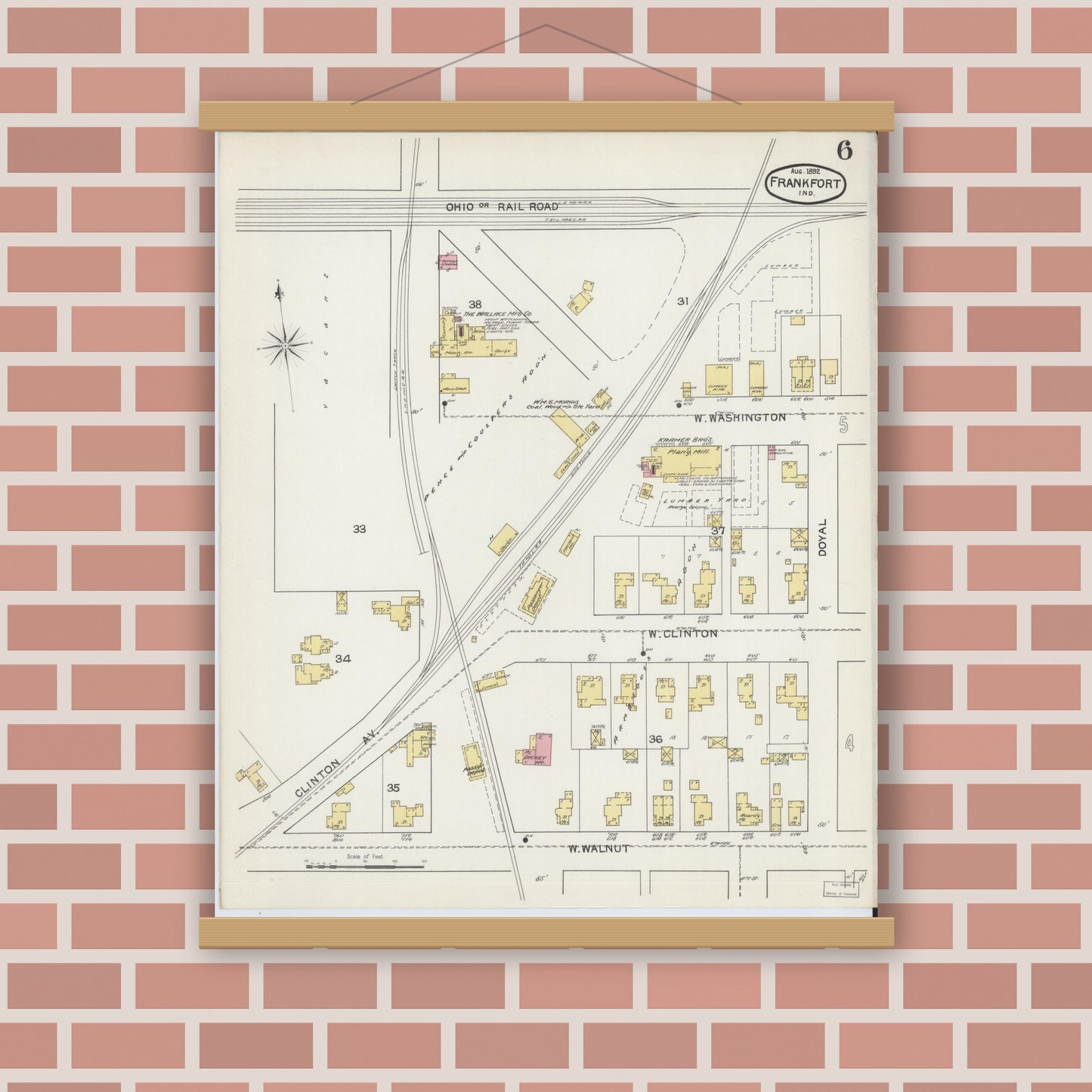 Old map wall art mockup — magnetic wood frame on brick wall — Sanborn Fire Insurance Map from Frankfort, Clinton County, Indiana (1892), Sheet #0006