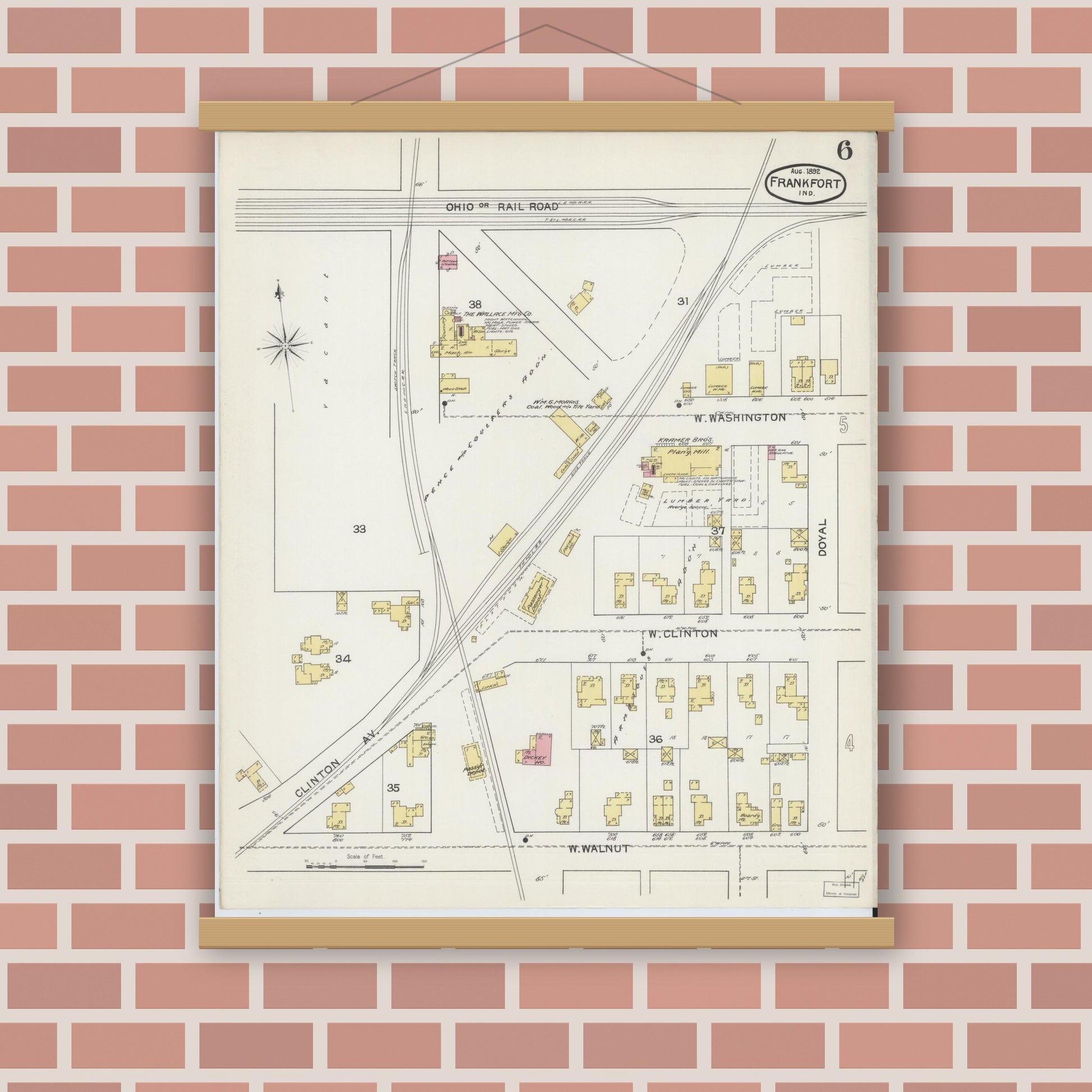 Old map wall art mockup — magnetic wood frame on brick wall — Sanborn Fire Insurance Map from Frankfort, Clinton County, Indiana (1892), Sheet #0006