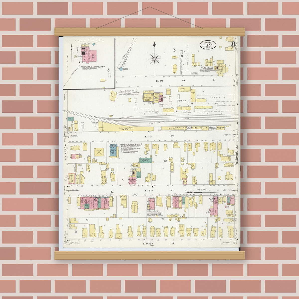 Old map wall art mockup — magnetic wood frame on brick wall — Sanborn Fire Insurance Map from Holland, Ottawa County, Michigan (1908), Sheet #0008