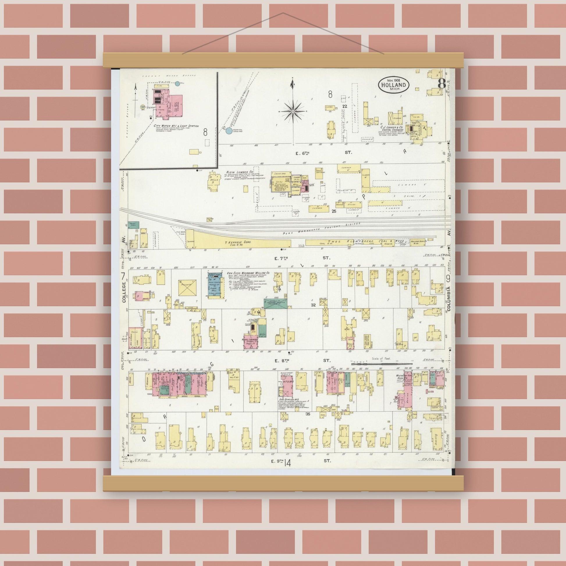 Old map wall art mockup — magnetic wood frame on brick wall — Sanborn Fire Insurance Map from Holland, Ottawa County, Michigan (1908), Sheet #0008