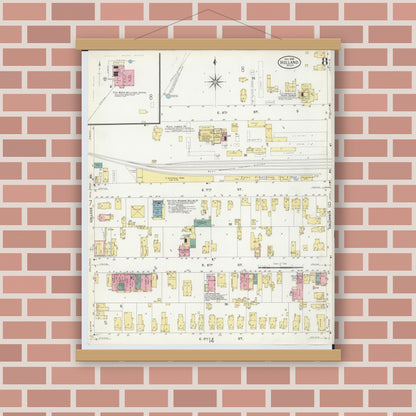 Old map wall art mockup — magnetic wood frame on brick wall — Sanborn Fire Insurance Map from Holland, Ottawa County, Michigan (1908), Sheet #0008