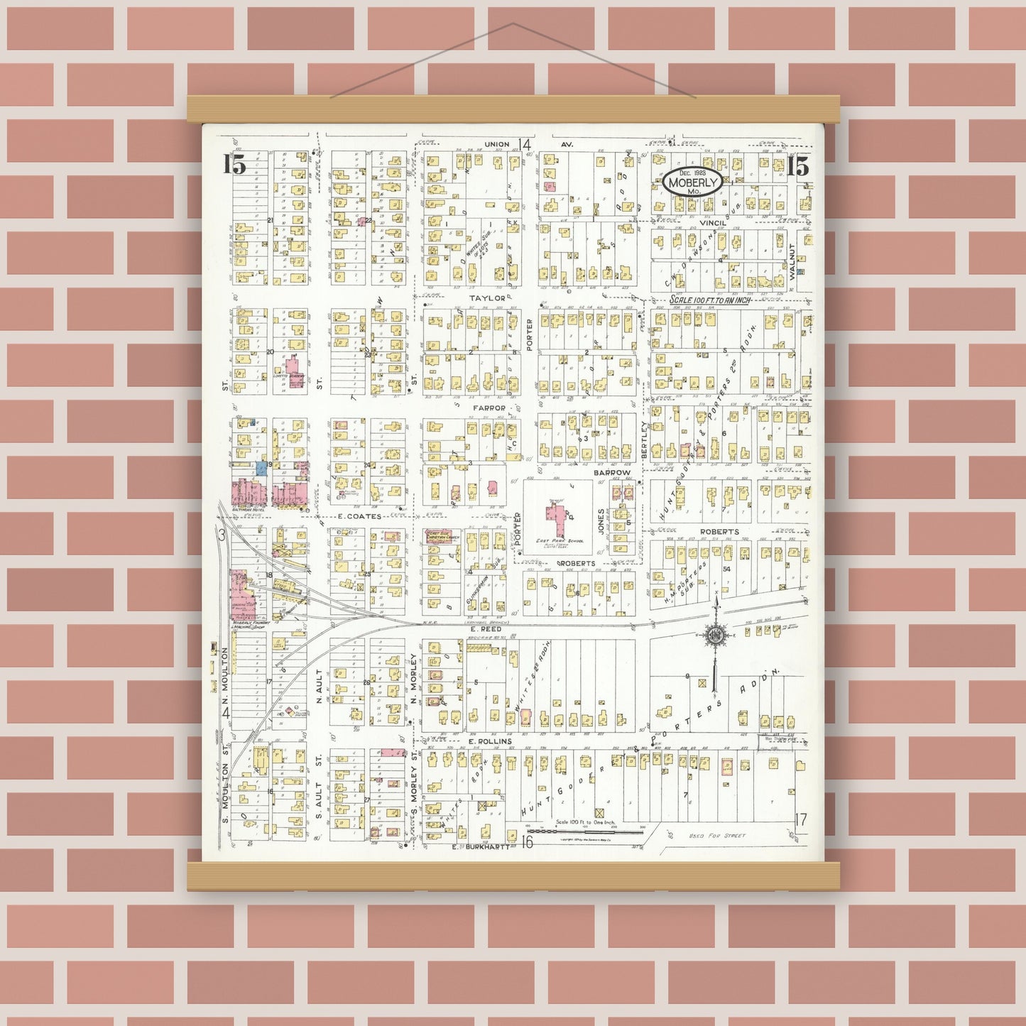 Old map wall art mockup — magnetic wood frame on brick wall — Sanborn Fire Insurance Map from Moberly, Randolph County, Missouri (1923), Sheet #0015