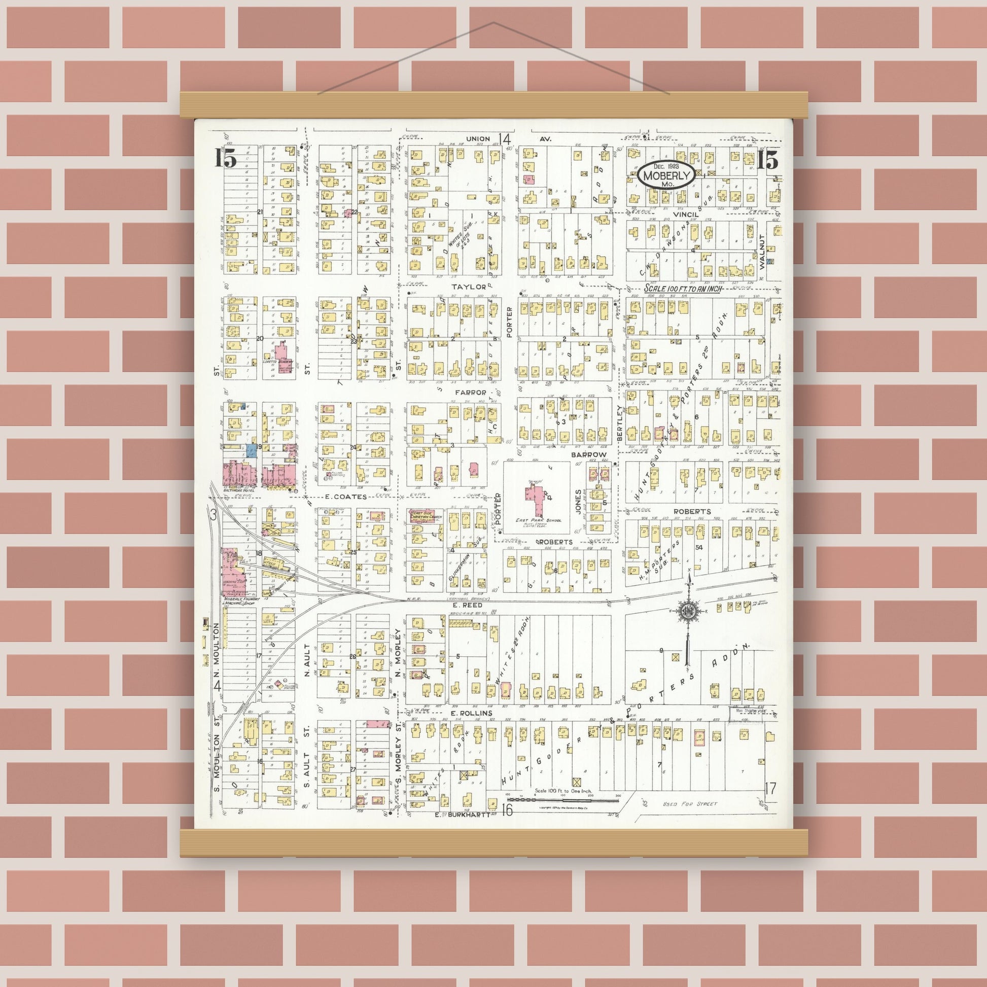 Old map wall art mockup — magnetic wood frame on brick wall — Sanborn Fire Insurance Map from Moberly, Randolph County, Missouri (1923), Sheet #0015