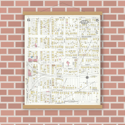 Old map wall art mockup — magnetic wood frame on brick wall — Sanborn Fire Insurance Map from Moberly, Randolph County, Missouri (1923), Sheet #0015