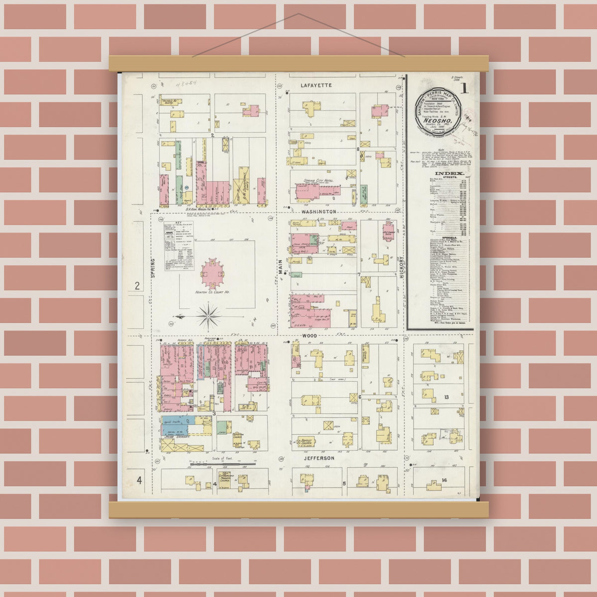 Old map wall art mockup — magnetic wood frame on brick wall — Sanborn Fire Insurance Map from Neosho, Newton County, Missouri (1896), Sheet #0001
