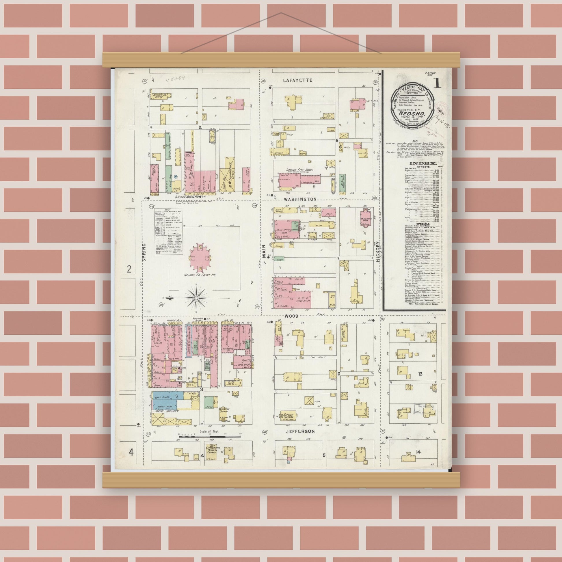 Old map wall art mockup — magnetic wood frame on brick wall — Sanborn Fire Insurance Map from Neosho, Newton County, Missouri (1896), Sheet #0001