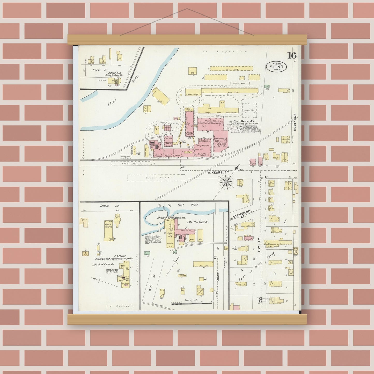 Old map wall art mockup — magnetic wood frame on brick wall — Sanborn Fire Insurance Map from Flint, Genesee County, Michigan (1898), Sheet #0016