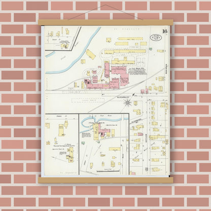 Old map wall art mockup — magnetic wood frame on brick wall — Sanborn Fire Insurance Map from Flint, Genesee County, Michigan (1898), Sheet #0016