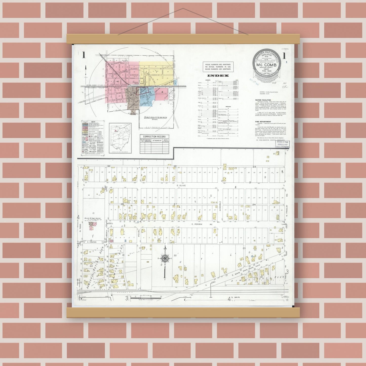 Old map wall art mockup — magnetic wood frame on brick wall — Sanborn Fire Insurance Map from McComb, Hancock County, Ohio (1946) - Complete Map Set