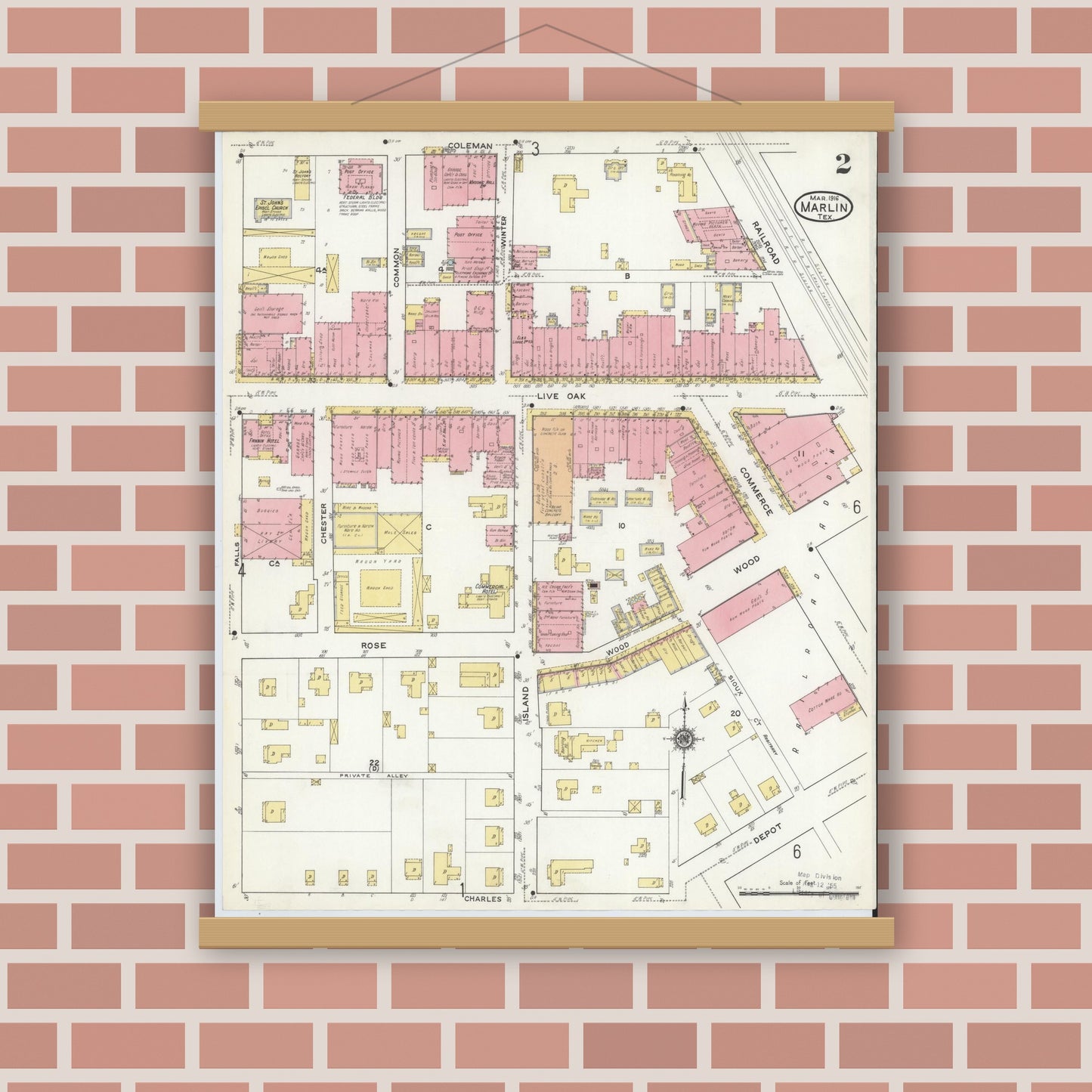 Old map wall art mockup — magnetic wood frame on brick wall — Sanborn Fire Insurance Map from Marlin, Falls County, Texas (1916), Sheet #0002