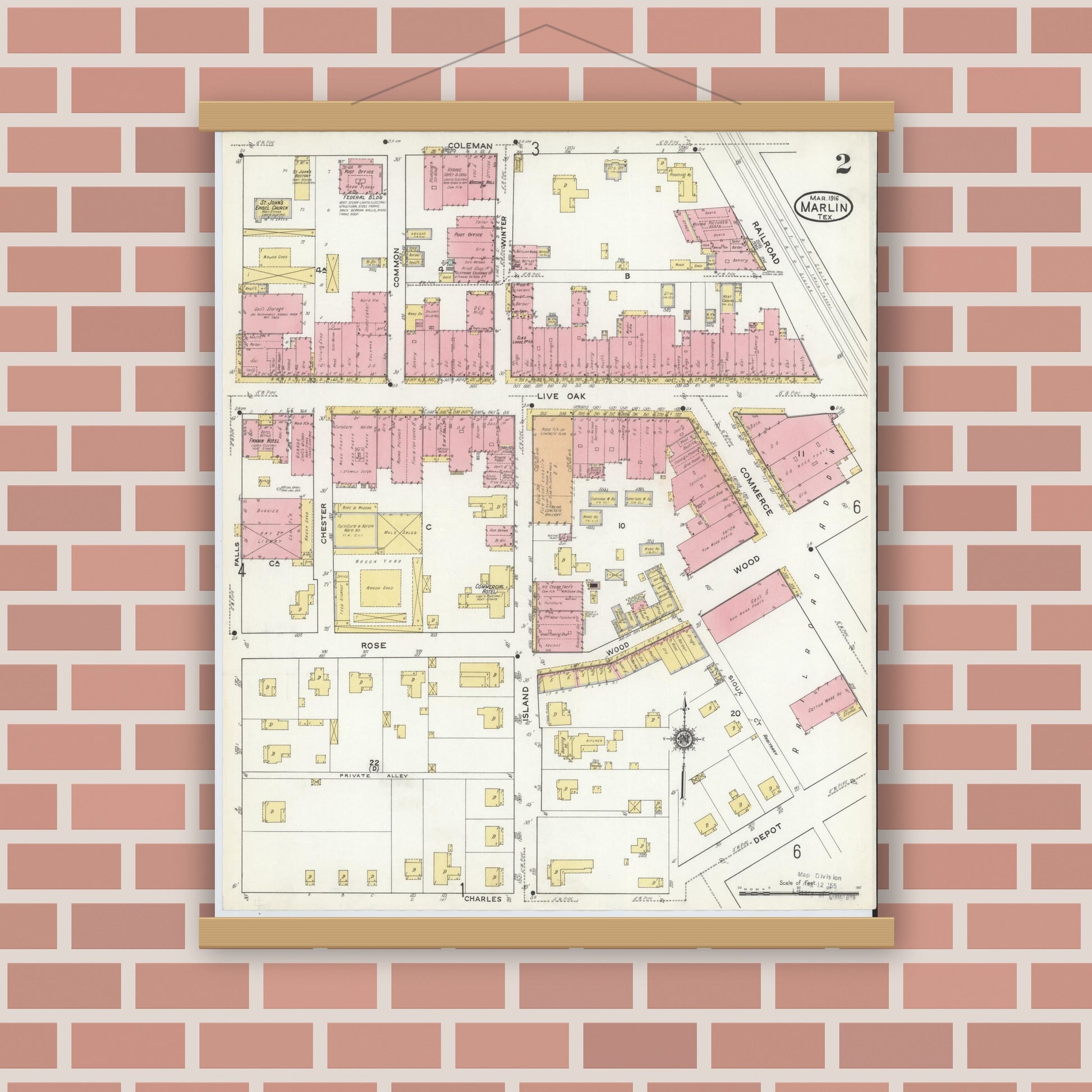 Old map wall art mockup — magnetic wood frame on brick wall — Sanborn Fire Insurance Map from Marlin, Falls County, Texas (1916), Sheet #0002