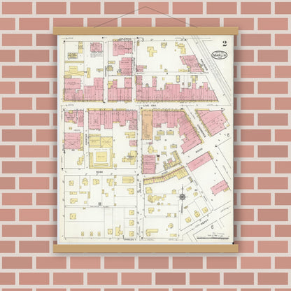 Old map wall art mockup — magnetic wood frame on brick wall — Sanborn Fire Insurance Map from Marlin, Falls County, Texas (1916), Sheet #0002
