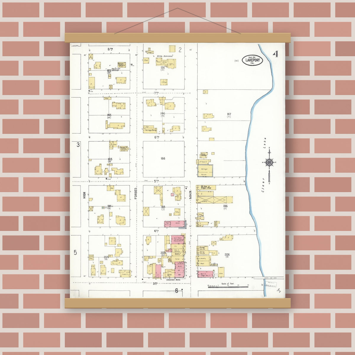 Old map wall art mockup — magnetic wood frame on brick wall — Sanborn Fire Insurance Map from Lakeport, Lake County, California (1911), Sheet #0004