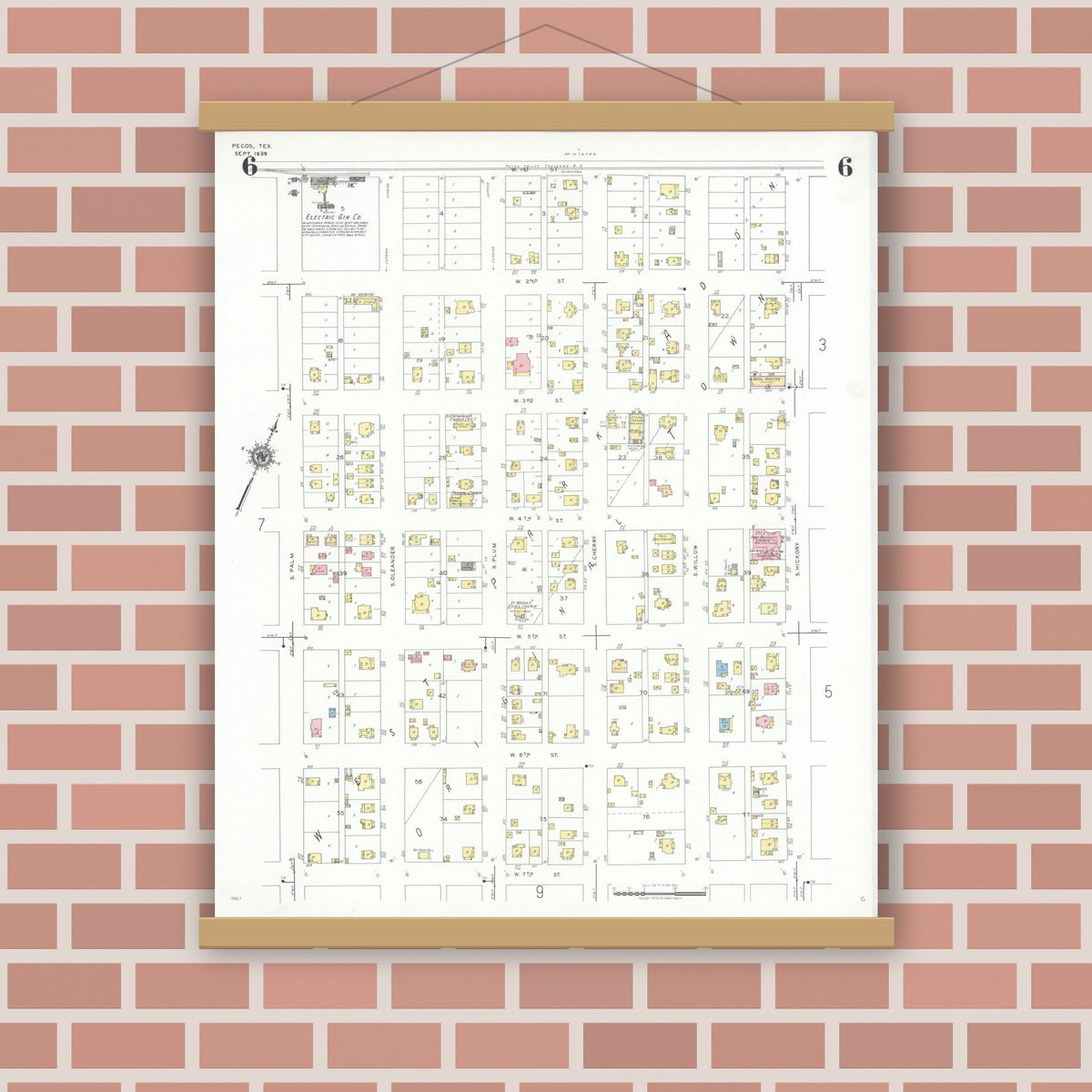 Old map wall art mockup — magnetic wood frame on brick wall — Sanborn Fire Insurance Map from Pecos, Reeves County, Texas (1939), Sheet #0006
