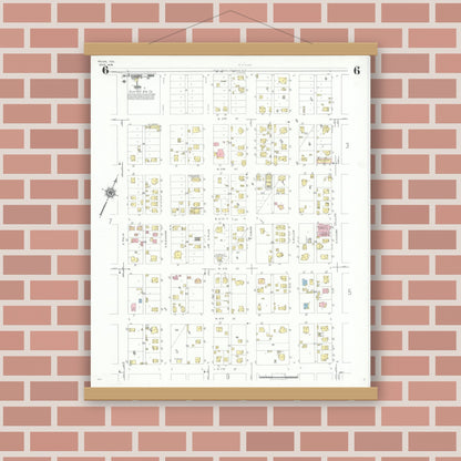 Old map wall art mockup — magnetic wood frame on brick wall — Sanborn Fire Insurance Map from Pecos, Reeves County, Texas (1939), Sheet #0006