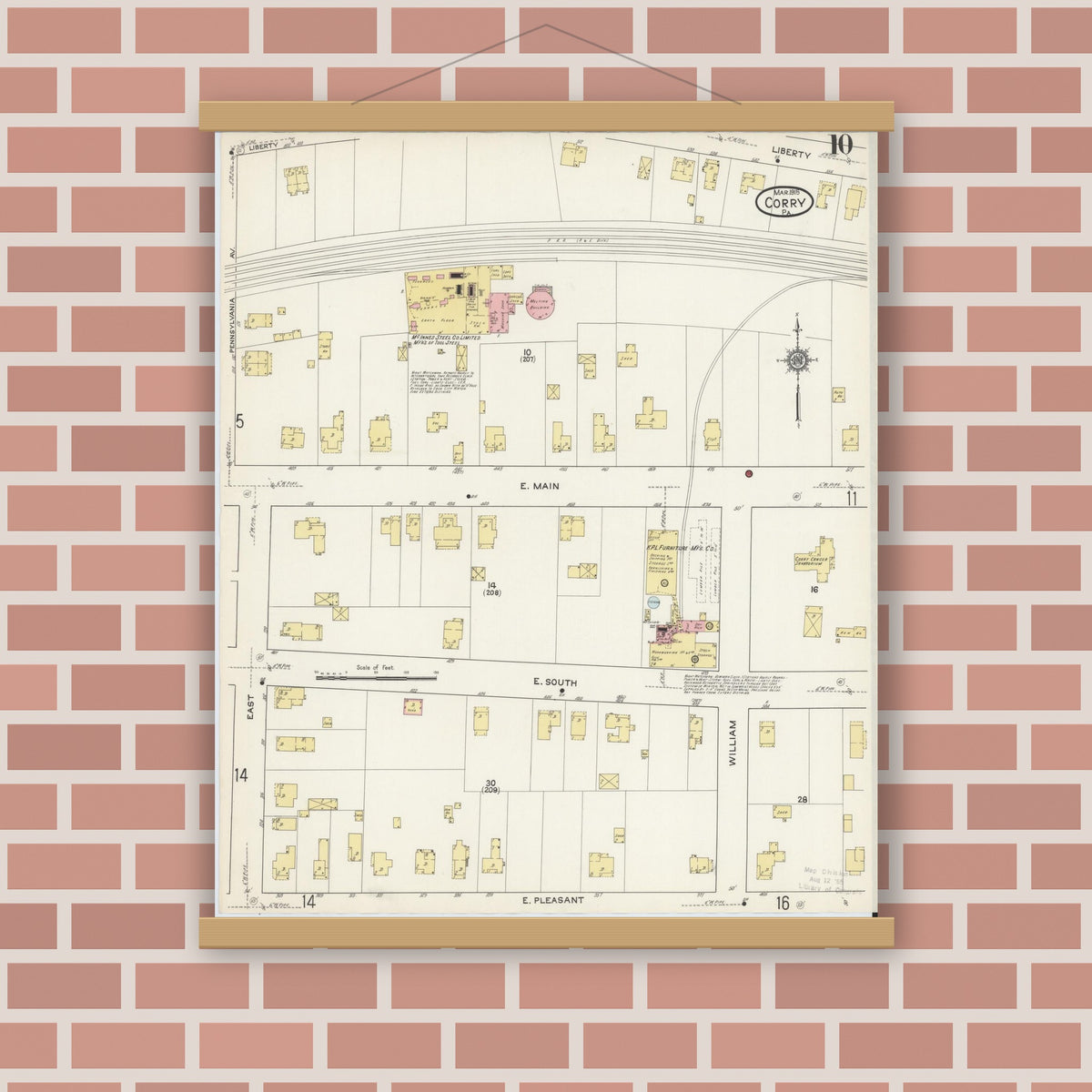 Old map wall art mockup — magnetic wood frame on brick wall — Sanborn Fire Insurance Map from Corry, Erie County, Pennsylvania (1915), Sheet #0010