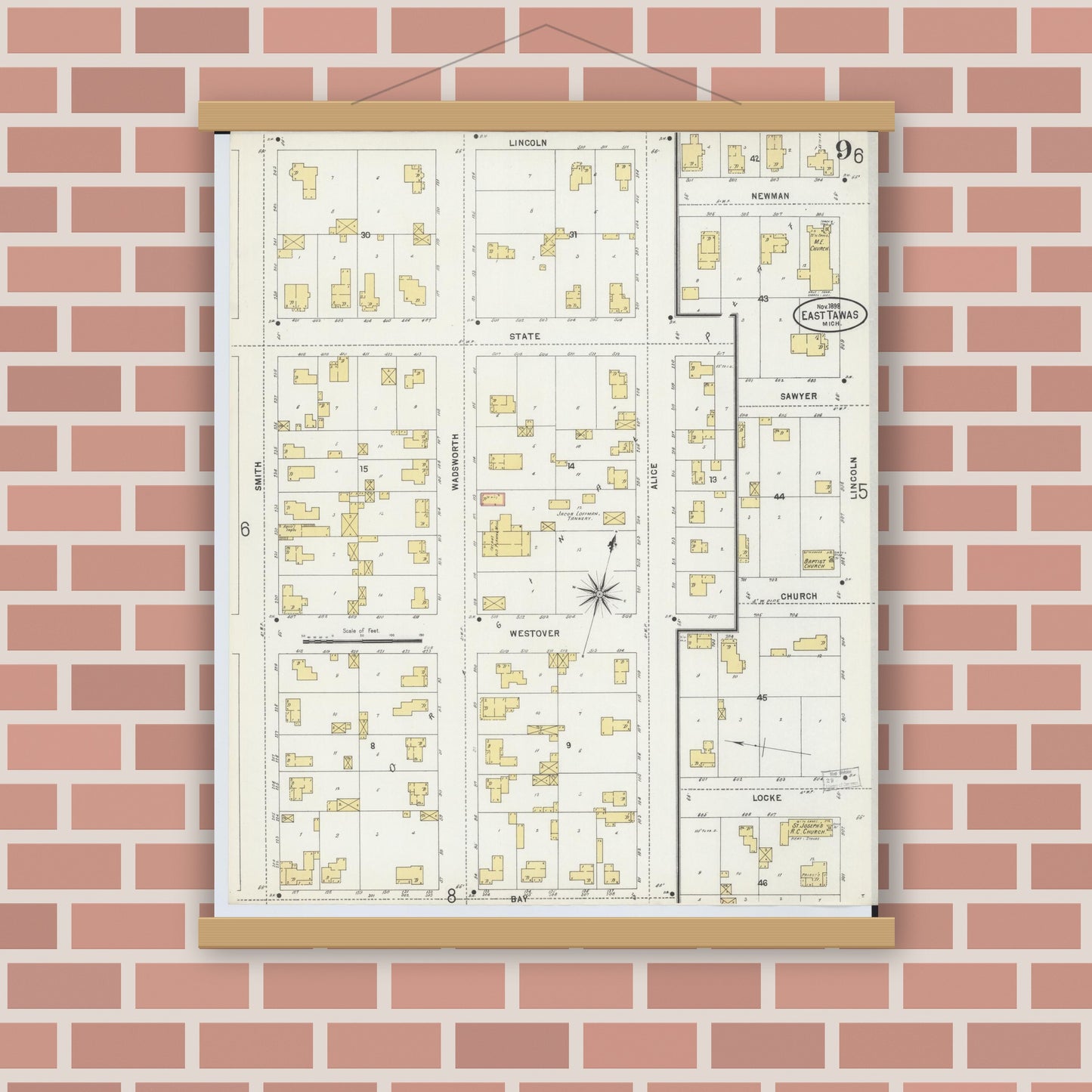 Old map wall art mockup — magnetic wood frame on brick wall — Sanborn Fire Insurance Map from Tawas City, Iosco County, Michigan (1898), Sheet #0009
