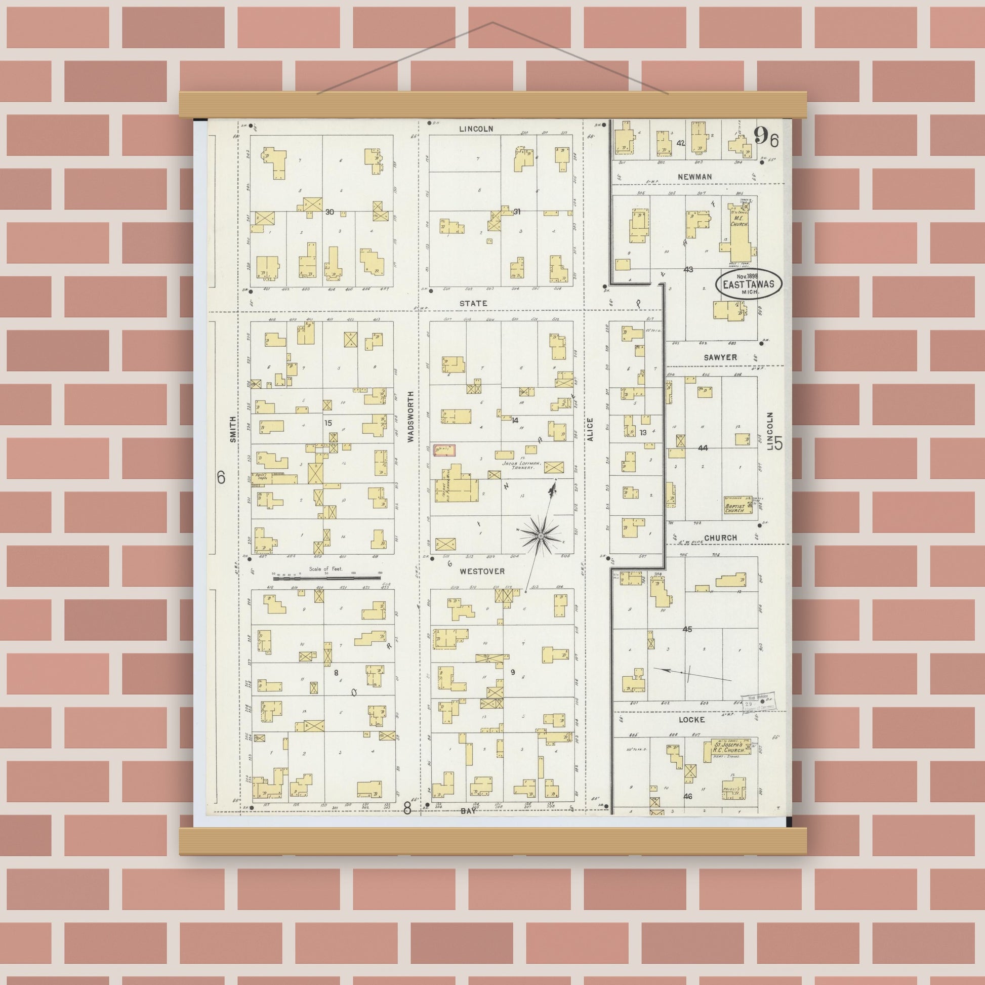Old map wall art mockup — magnetic wood frame on brick wall — Sanborn Fire Insurance Map from Tawas City, Iosco County, Michigan (1898), Sheet #0009