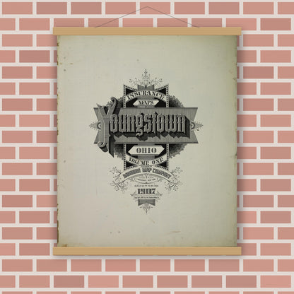 Old map wall art mockup — magnetic wood frame on brick wall — Sanborn Fire Insurance Map from Youngstown, Mahoning County, Ohio (1907), Sheet #0001