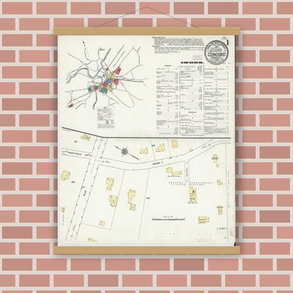 Old map wall art mockup — magnetic wood frame on brick wall — Sanborn Fire Insurance Map from Concord, Middlesex County, Massachusetts (1909), Sheet #0001